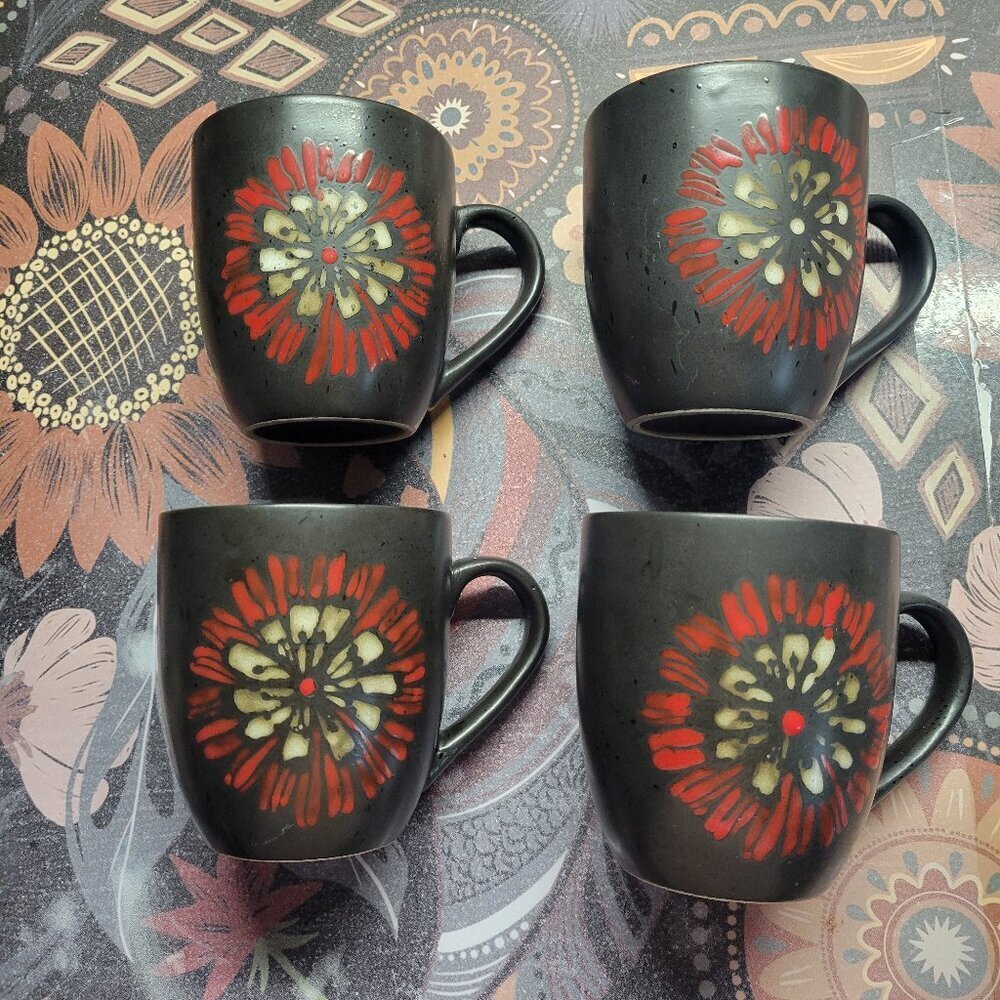 Unbranded Red Beige Floral Print  Black Stoneware Coffee Tea Mugs